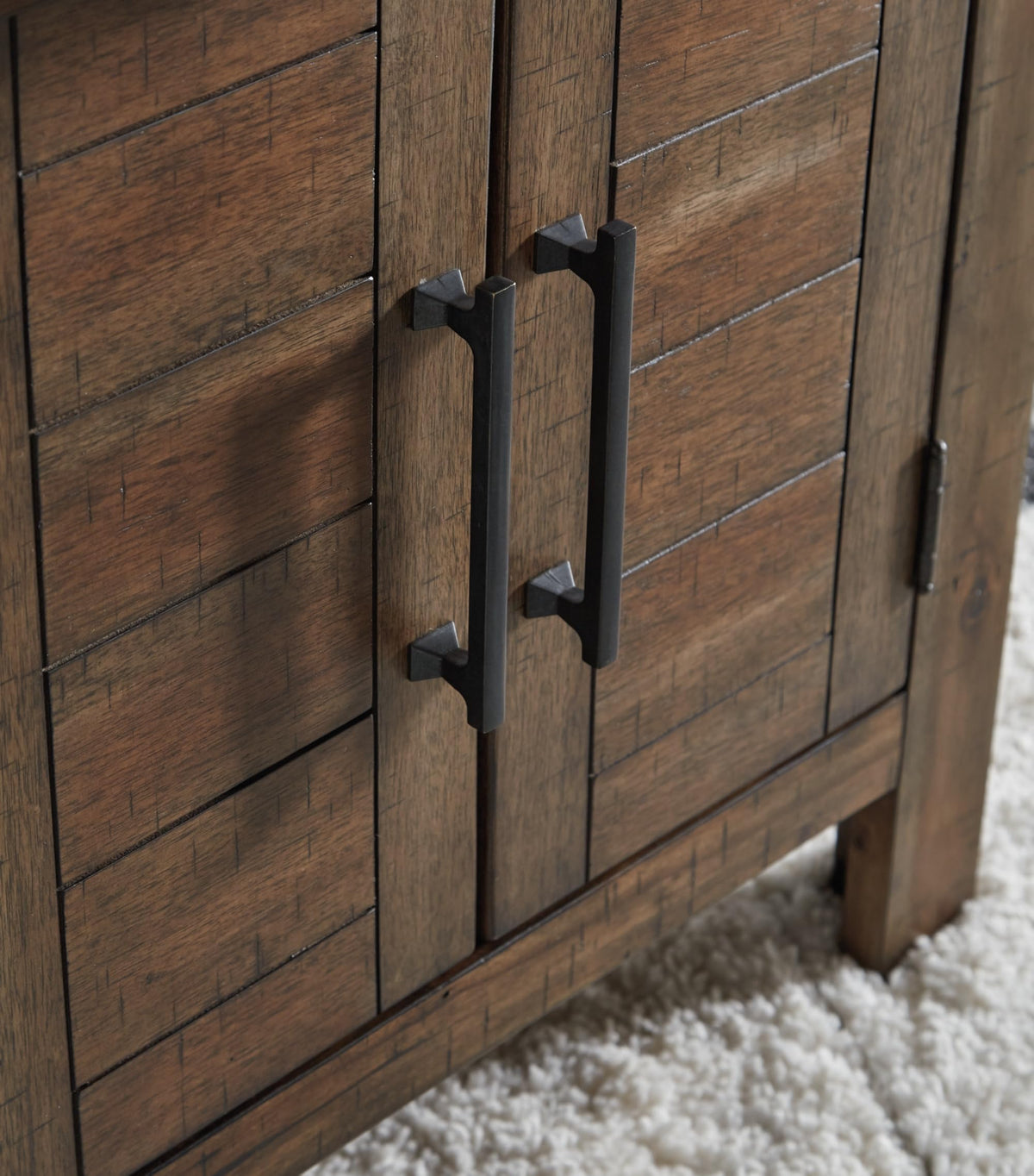 Signature Design by Ashley Moriville Rustic Farmhouse Rectangular End Table with Dual Cabinet Doors, Antique Bronze-Tone Hardware, Wood, 25" High, Brown