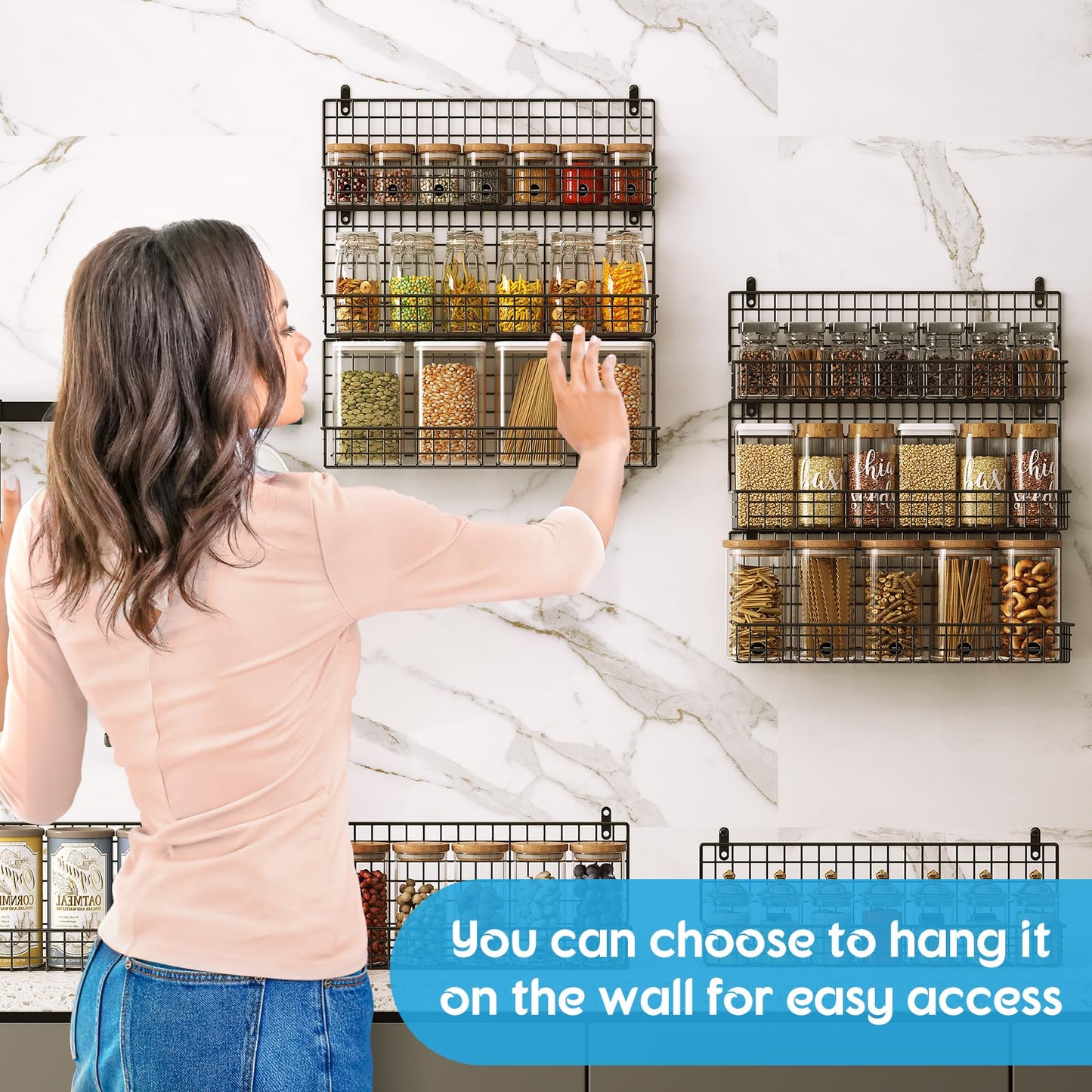 JKsmart 6-Tier Spice Rack Organizer with Door Hook, Wall Mounted & Over the Door Spice Racks for Kitchen Pantry Door Cabinet, Two Size, Large Capacity, Black