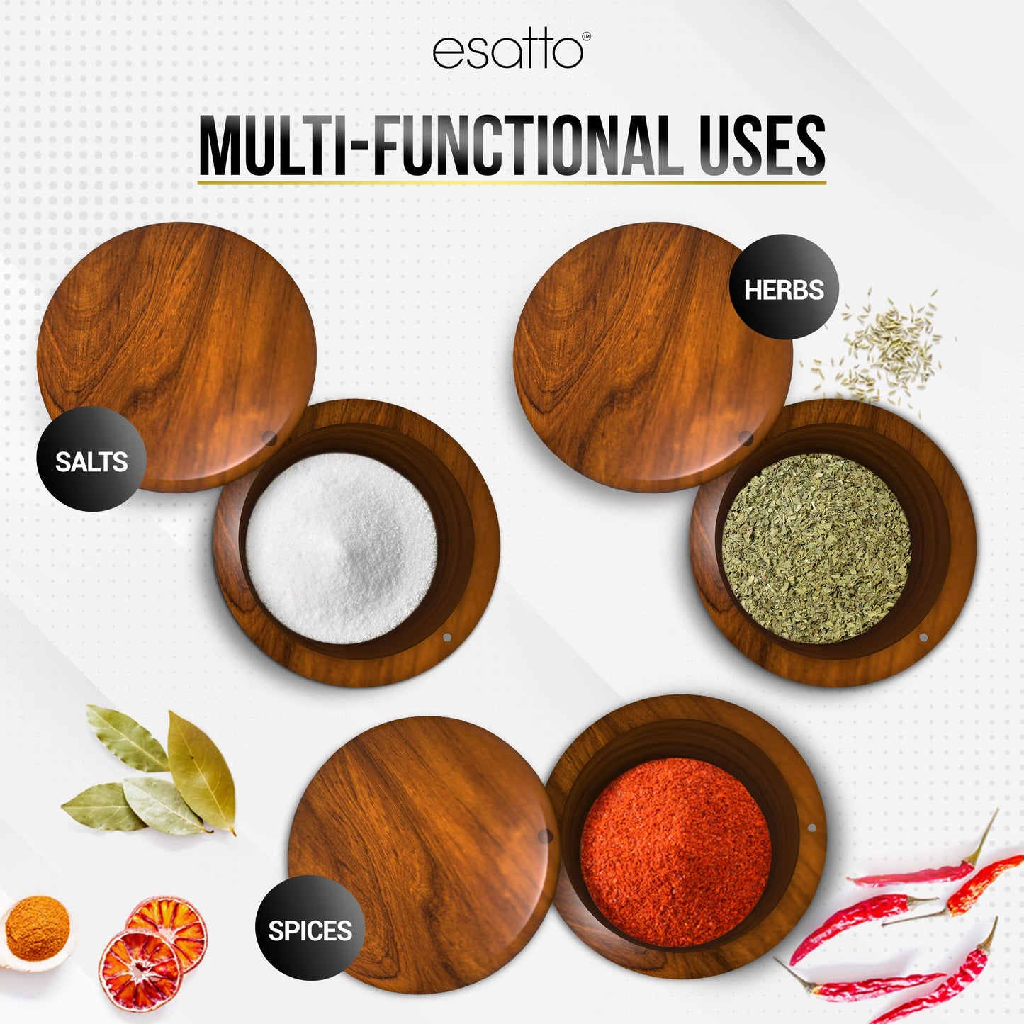 Esatto Round Acacia Wooden Salt Box, Magnetic Swivel Lid, Salt pepper or Spice Storage Box, 2 Wine Pourers Included