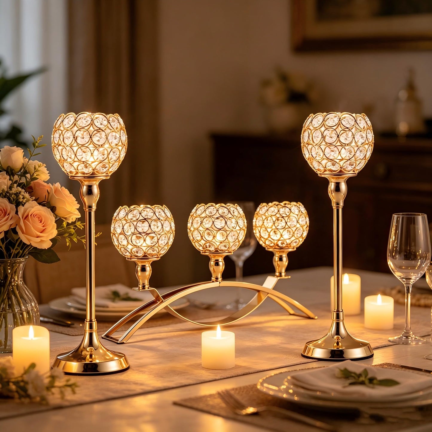 VINCIGANT Set of 3 Gold Candle Holders Wedding Table Centerpieces,Tealight Candlestick Candelabra Stand with 3 Arms for Fireplace Home Living Room Decor,Valentine's Day Housewarming