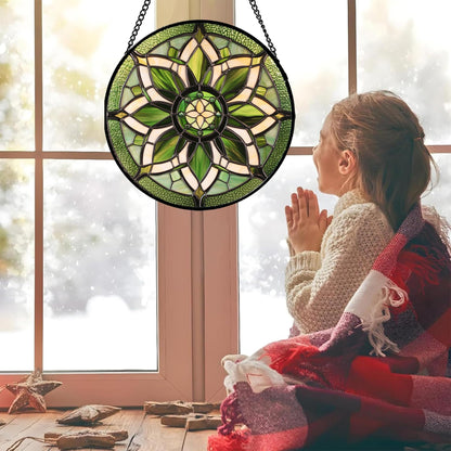 HWRHTR Stained Glass Window Hanging - White Green Boho Flower Suncatcher for Doors Window Home Sun Catchers Decor Christmas Mother's Day Birthday Gifts for Teacher Women Men Mom Nana 6.3 in