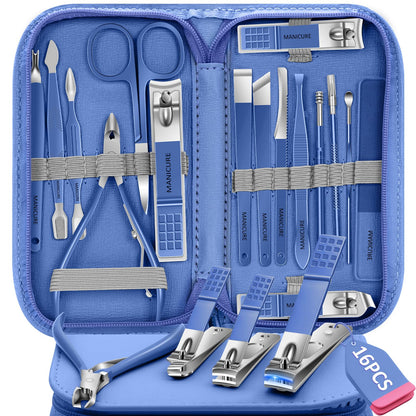 Manicure Set 16Pcs Professional Stainless Steel Pedicure Kit Mens Grooming Kit Fingernail & Toenail Clippers Set Manicure Kit with Luxurious Travel Bag, Sharp Nail Scissors and Clipper (Purple)