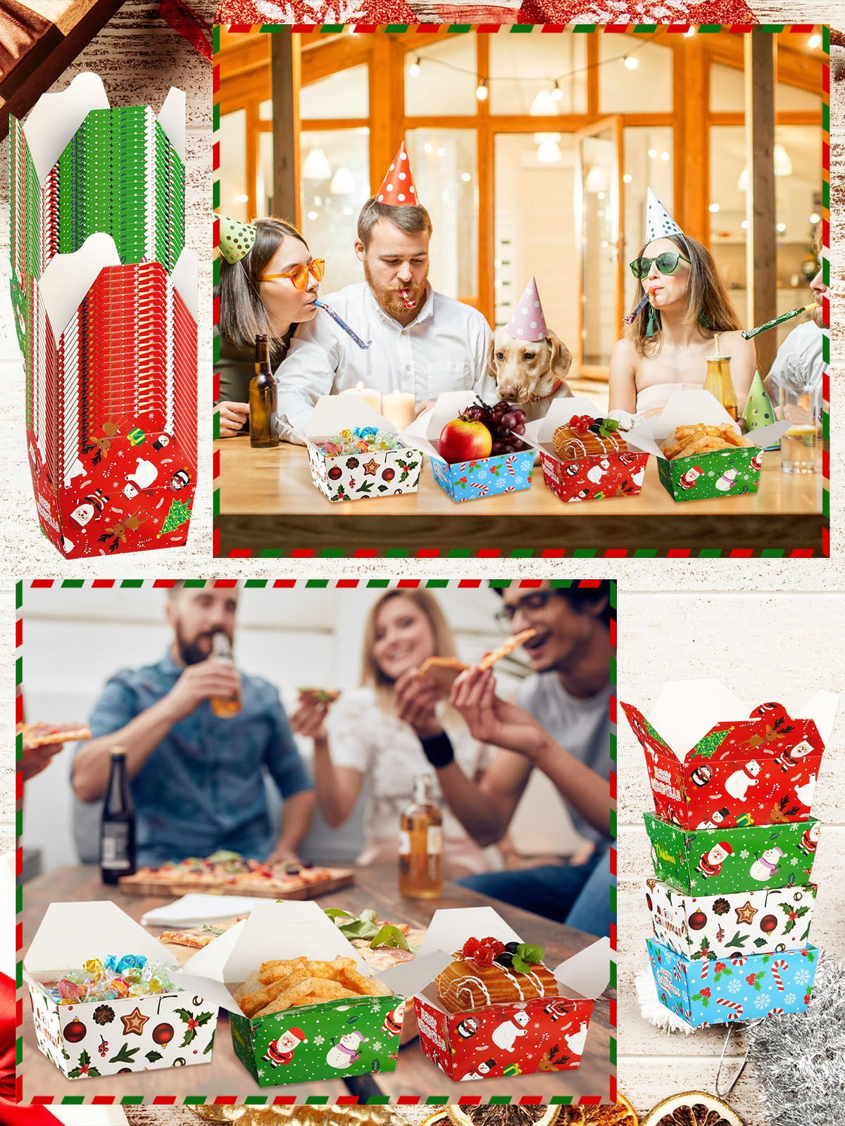Estune 60 Pack Christmas Take out Food Boxes 2.56'' x 4.65'' x 3.54'' Christmas Disposable Treat Containers Candy Goodie Gift Boxes for Party Favor