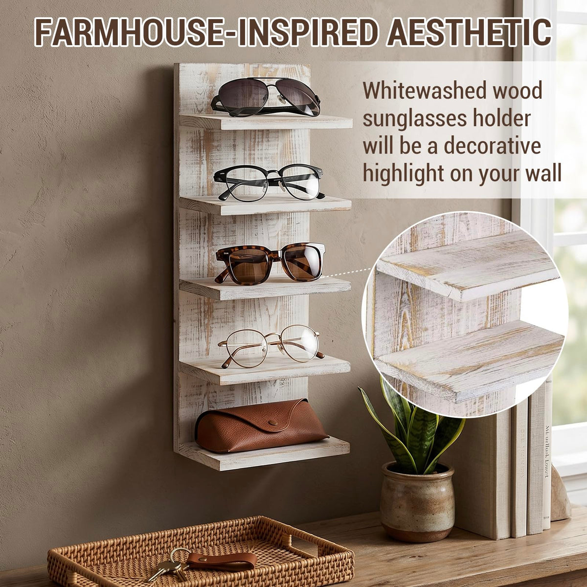MyGift Sunglasses Organizer for Wall, Wooden Eyeglasses and Sunglass Holder Rack, 5-Tier Whitewashed Wood Eyewear Storage Display Shelf for Closet Entryway or Retail Showcase