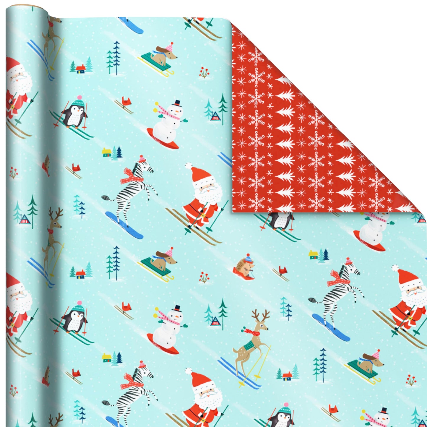 Hallmark Reversible Christmas Wrapping Paper for Kids (3 Rolls: 120 Sq. Ft. Total) Snowmen, Stripes, Trees, Skiing Santa, Zebras, Hedgehogs, Penguins