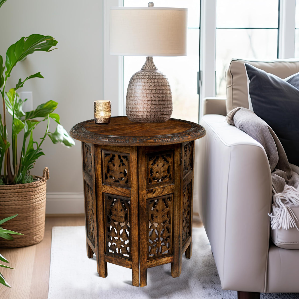Solid Wood Accent End Table - Hand Carved Vintage Boho Folding Side Table - Small Spaces Entryway Farmhouse Living Room Bedside - No Tools Assembly -18x18 Round - Jaipur Antique Brown -Cotton Craft