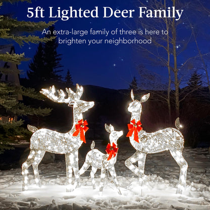 Best Choice Products 3-Piece Large Lighted Christmas Deer Family Set 5Ft Outdoor Yard Decoration with 360 LED Lights, Stakes, Zip Ties - Silver