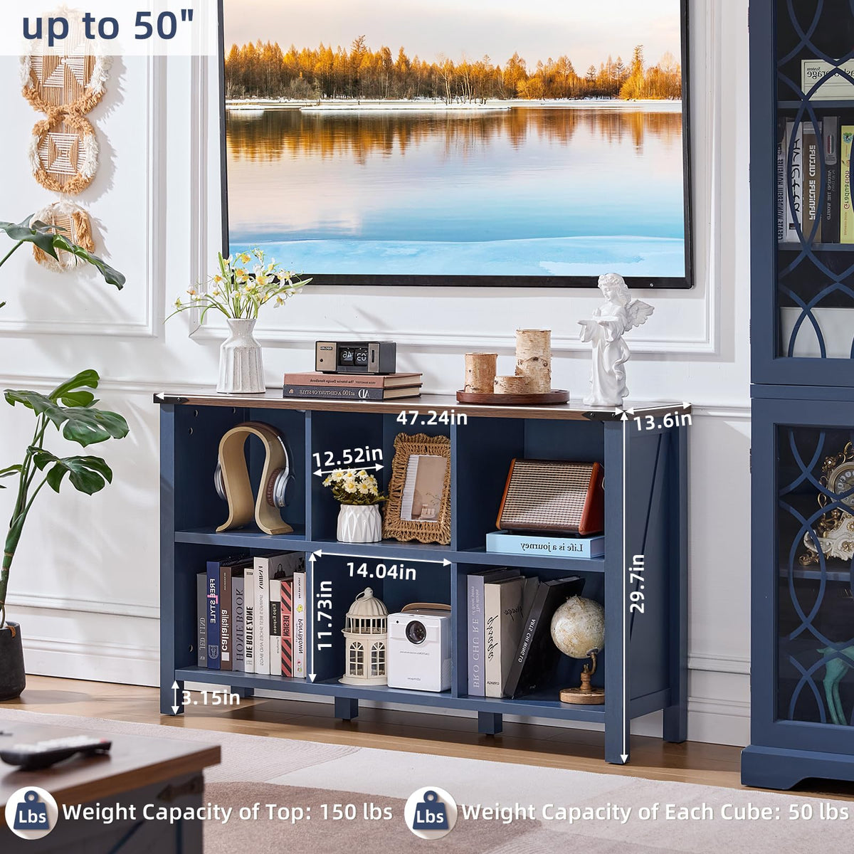 Joaxswe 6 Cube Bookcase, Farmhouse Wood Low Storage Organizer Book Shelf, 47" Horizontal Navy Blue Console Bookshelf with Legs, Hallway Book Case for Entryway, Display Cabinet for Living Room, Office