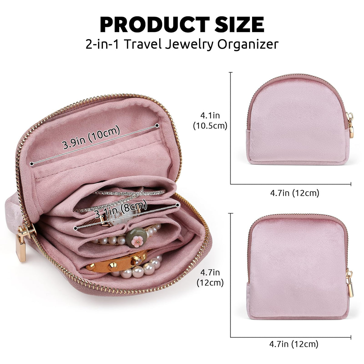 Lumayina Small Travel Jewelry Case Set 2-in-1 Detachable Velvet Pouches, Portable Jewelry Organizer Bag for Rings Earrings Bracelets, Gift Box for Women (Blush Pink)
