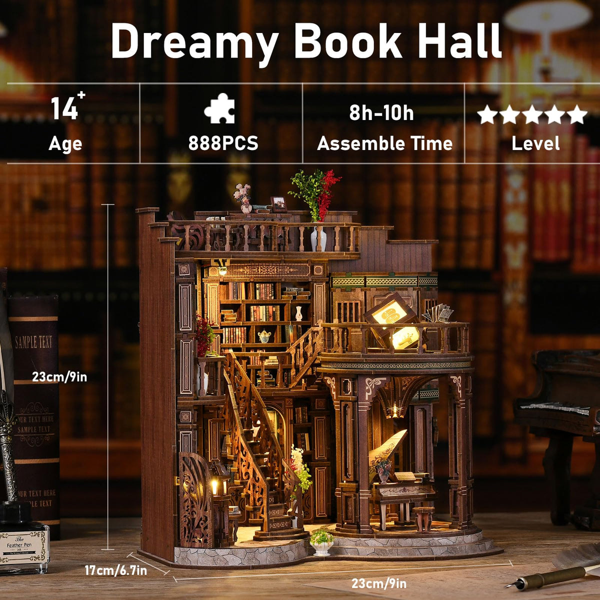 Kubelyx Library Book Nook Kit - DIY Miniature House Kit & Dollhouse Craft for Adults and Teens, 3D Wooden Puzzle with LED Light, Tiny Bookshelf Decor, Gifts for Family and Friends (Fantasy Library)
