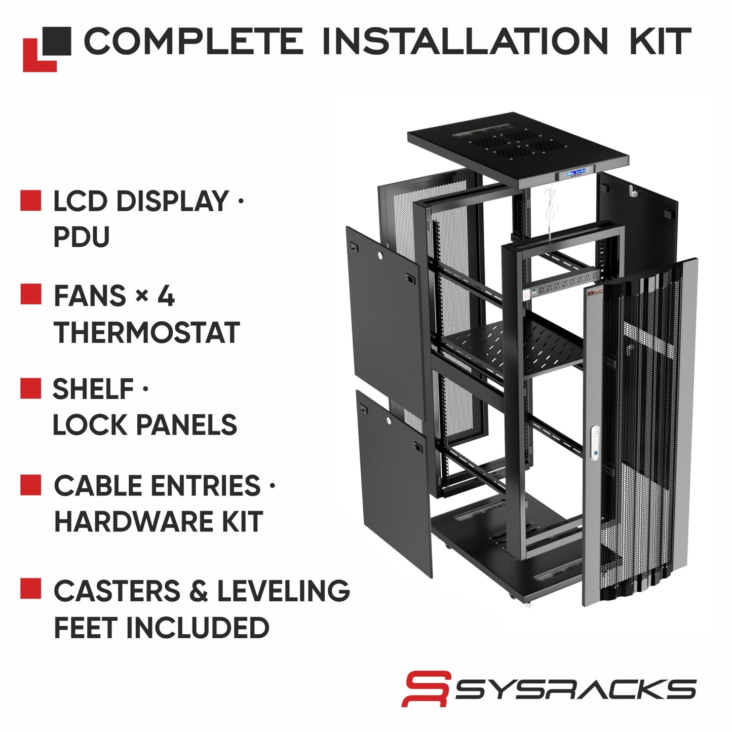 Sysracks 37U Server Rack Cabinet, 39” Deep 19” Floor Standing Enclosed Network Rack for Home Lab, NAS, UPS & AV Gear, Vented Doors, 4 Fans, PDU, Shelf, 1600 lb Capacity