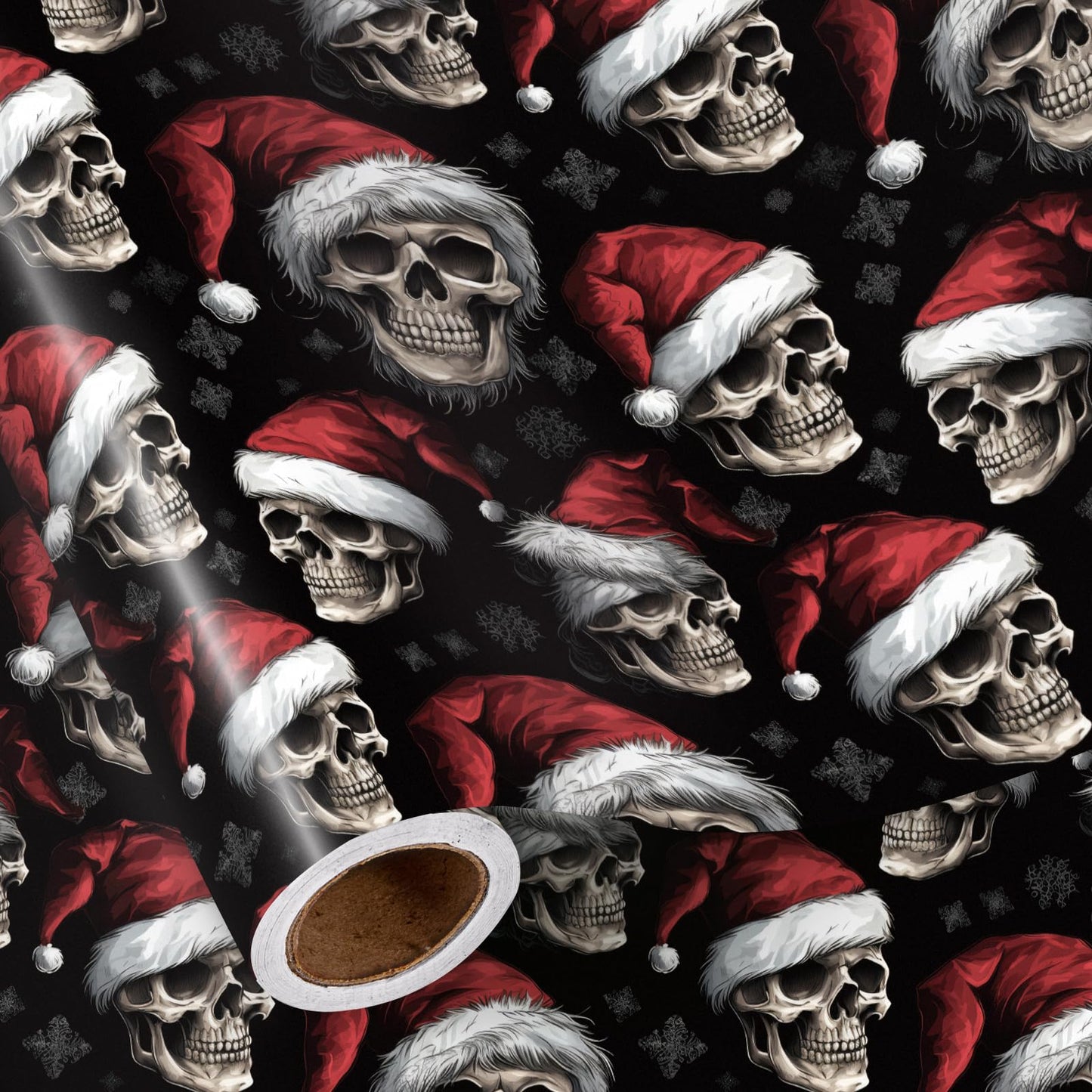RUSPEPA Christmas Skull Wrapping Paper Roll, Mini Roll, Gothic Santa Skull with Red Hat and Snowflakes, Dark Holiday Gift Wrap for Alternative, Punk Party, 17 Inches x 16.4 Feet