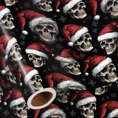 RUSPEPA Christmas Skull Wrapping Paper Roll, Mini Roll, Gothic Santa Skull with Red Hat and Snowflakes, Dark Holiday Gift Wrap for Alternative, Punk Party, 17 Inches x 16.4 Feet