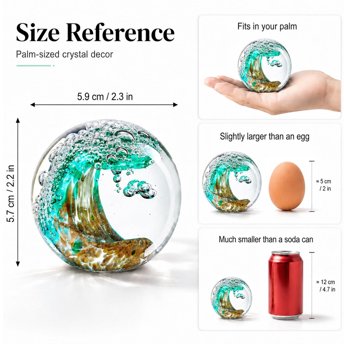 H&D HYALINE & DORA 2.3 Inch Hand Blown Crystal Ball Ocean Waves Glass Ball Paperweight Aquarium Office Decorative Balls Ocean Lovers Gifts(Green)