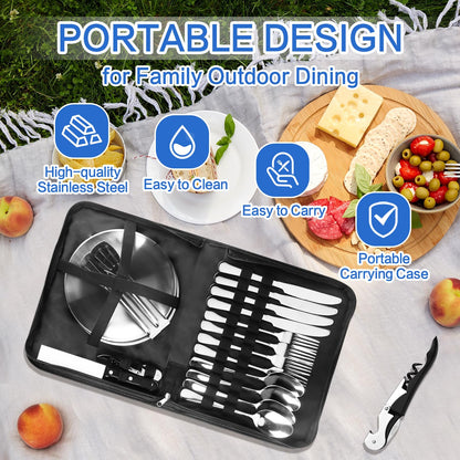 Cynrikah Camping Utensils, Camp Supplies 4 Person 20PCS with Spoons Plates Forks Knives in Camp Organizer, Mess Kit of Camping Utensil Set Car Camp Essentials Dishes for Picnic/Hiking(Black)