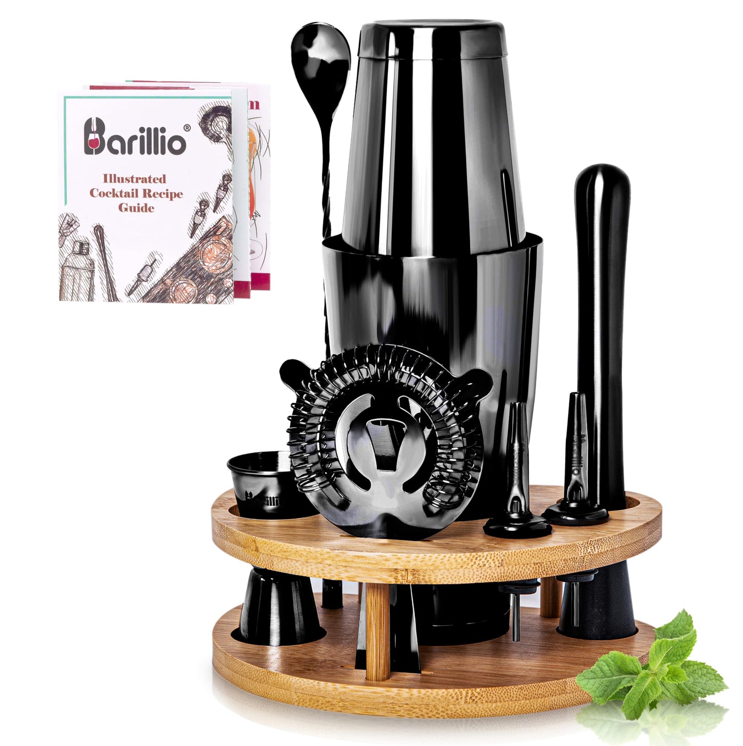 Barillio Black Mixology Bartender Kit with Stand - Cocktail Shaker Set with Bamboo Stand, Boston Drink Shaker, Mojito Muddler, and Drink Mixer Spoon - 9-Piece Bar Tools Set - Bar Accessories for Home
