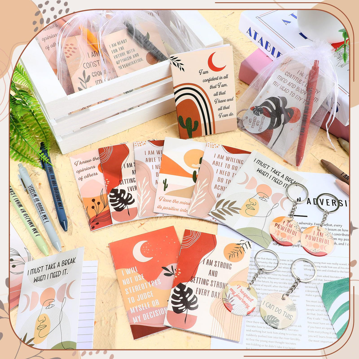 Mooliwe 72 Pcs/24 Set Positive Affirmation Gift Set Gratitude Notebooks with Pens Acrylic Keychains Small Bags Motivational Notepads for Women Coworkers Christmas Adults Party Favors (Boho)