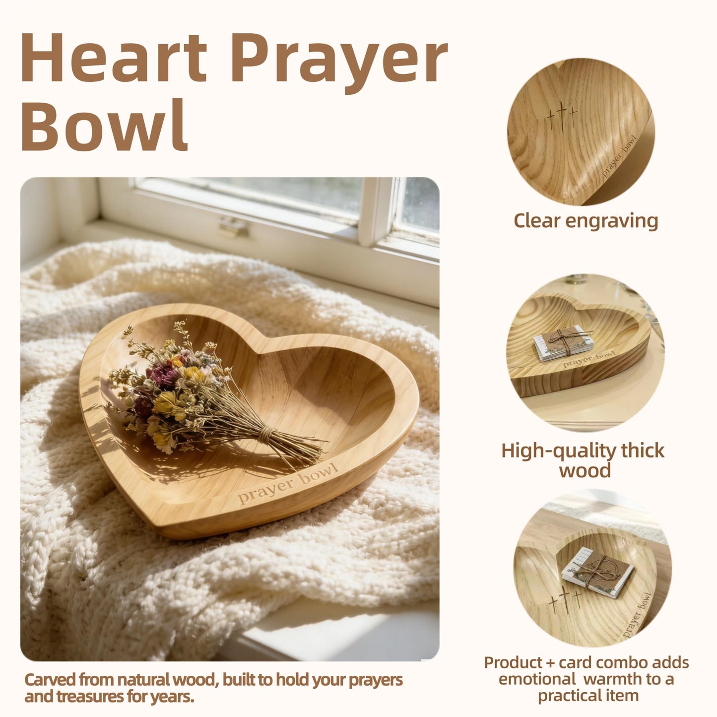 JimZePong Heart Prayer Bowl with 24 Cards, Christian Heart Shaped Wooden Dough Bowl, Handcrafted Prayer Request Bowl, Religious Gift for Women, Mom, Baptism, Church, Thanksgiving & Christmas Decor