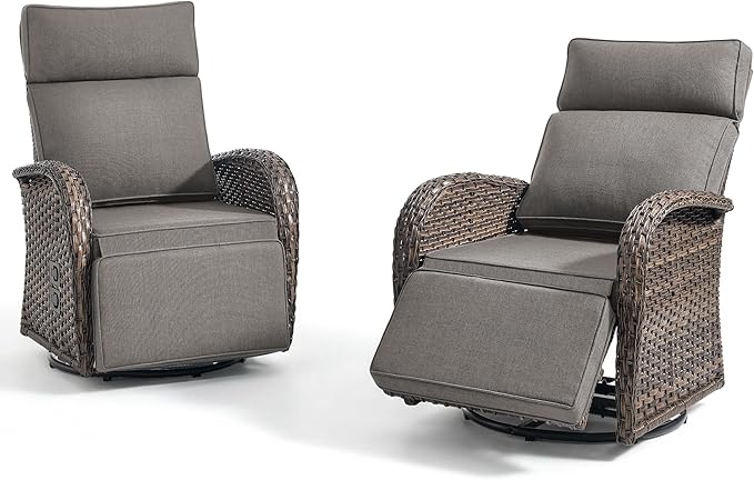 Zero Gravity Patio Swivel Rocking Recliner Chairs Set of 2 - Wicker Outdoor Lounge Chair with Adjustable Backrest & Footrest, All Weather Reclining Rocker Chairs with Thick Cushion for Pool Deck Grey