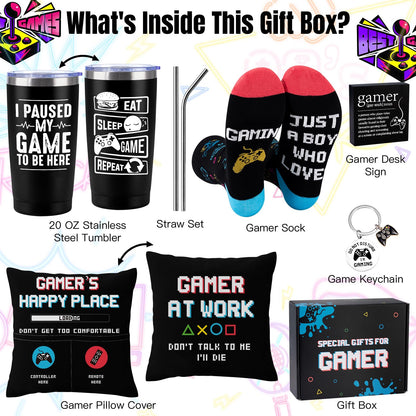 Gamer Gifts Sets for Boys, Birthday Christmas Cool Gaming Gift, Gaming Throw Blanket Tumblers Funny Pillow Covers Socks Keychain and Gifts Box for Easter Basket Graduation Men Girl Teen Gamer Lover
