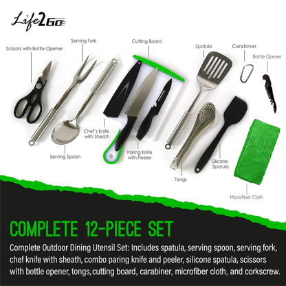 Life2Go 12 Piece Camp Cooking Utensil Set & Outdoor Kitchen Gear Cookware Kit, Portable Compact Carry Case for Camping, Hiking, Travel, BBQ Grilling Stainless Steel Accessories Spoon & Fork, Gray