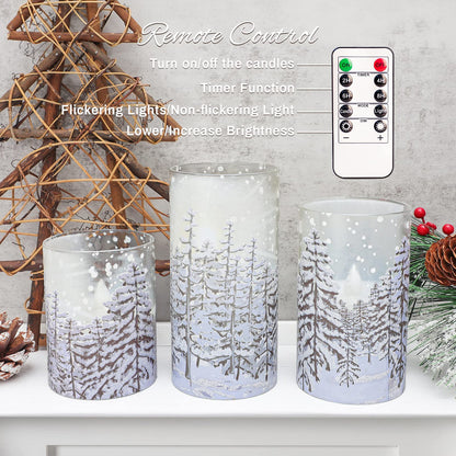 REVELBUNNY Christmas Tree Flameless Candles, Flickering Battery Operated LED Candles with Remote Timer, Snowflake Iced Glass Pillar Candles for Holiday Party Home Decoration Christmas Gifts, Set of 3