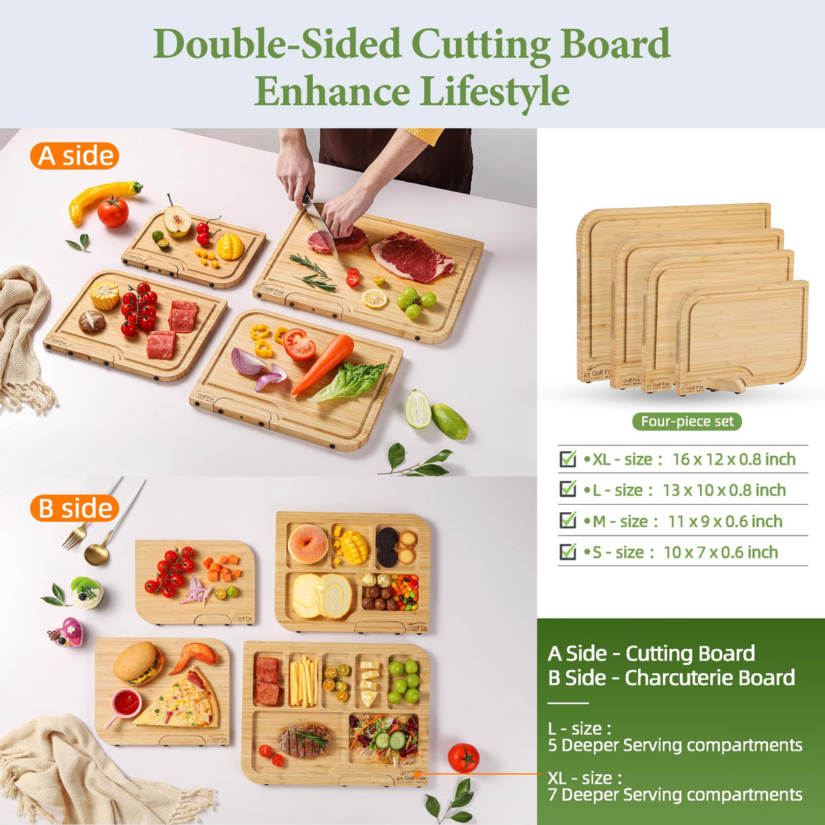 4-PCS Bamboo Cutting Board Set with Innovative Stand - Durable Double Sided Wooden Cutting Board with Juice Groove & Handle for Meal Prep, Meat, Charcuterie Serving, Eco-Friendly Healthy Kitchen Gift