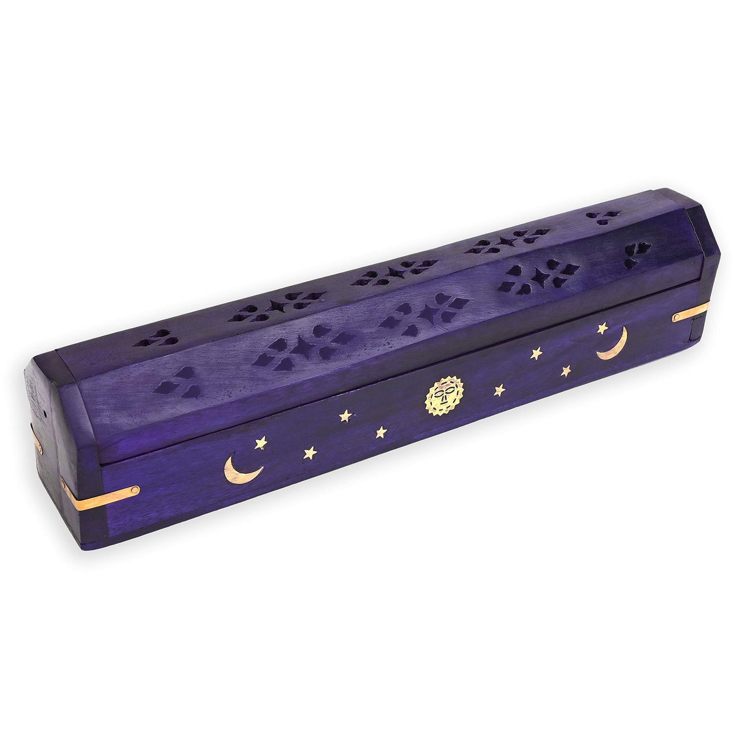 Incense Garden Pack of 2 Incense Stick Holder - Coffin Style - Wood Incense Stick Burner with Sun Moon Star Inlays Handmade with Brass Inlays (Purple)