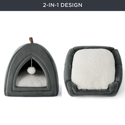 Bedsure Cat Cave Bed Indoor - Flannel Hooded Cat Igloo House, 40x40x40cm Enclosed Foldable Pet Bed with Removable Washable Cushion Pillow, Dark Grey