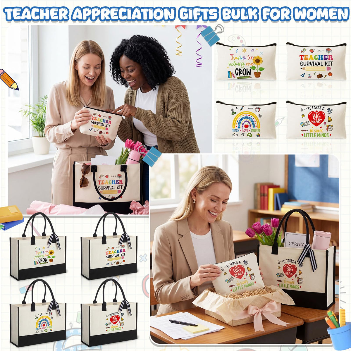 Capoda Teacher Appreciation Gifts for Women Bulk - 4 Set Large Canvas Teachers' Tote Bags with Makeup Bags Pouch Rainbow Inspirational Quotes, Thank You End of Year Daycare Teacher Staff Gifts Set