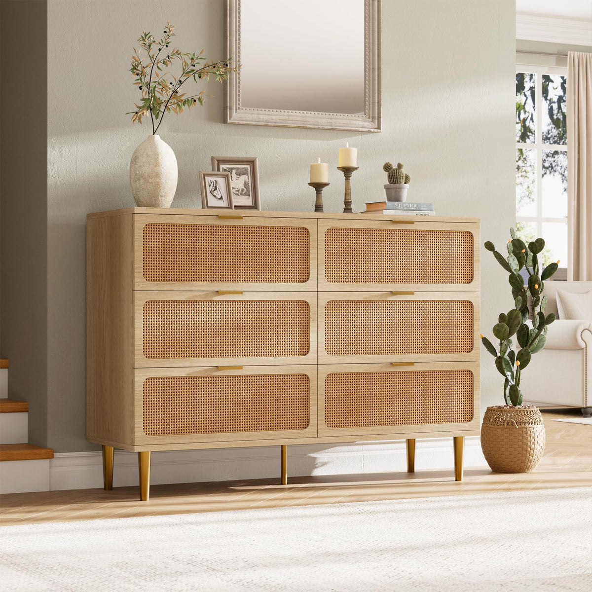 GarveeHome Rattan 6 Drawer Dresser for Bedroom, Large Double Dresser with Deep Drawers, Wooden Chest of Drawers for Closet with Wide Top, for Living Room, Hallway, Kids Room, Natural