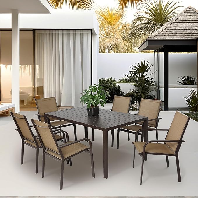 7 Piece Patio Dining Set for 6, 6 Stackable Textilene Chairs and 1 Dining Table Outdoor Furniture Set, Brown