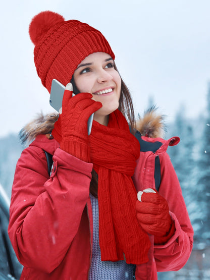 URATOT Women Winter Beanie Hat Scarf Gloves 3 in 1 Set for Women Fleece Lined Beanie Pompom Hat Touchscreen Gloves Long Scarf Red