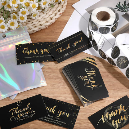 670Pcs Thank You Cards and Stickers Set- 500 Thank You for Supporting My Small Business Stickers & 120 Cards with 50 Resealable Packaging Bags, Small Business Essentials (Black)