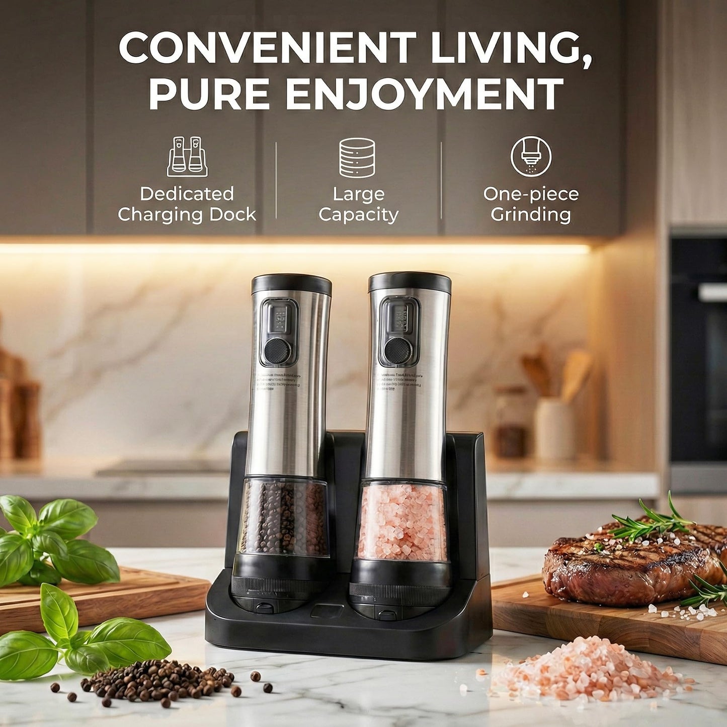 Electric Salt and Pepper Grinder Set with Rechargeable Base，Stainless Steel Automatic Refillable Electric Salt and Pepper Shakers，Large Capacity, 2-Speed Setting, LED & Adjustable Coarseness, Black
