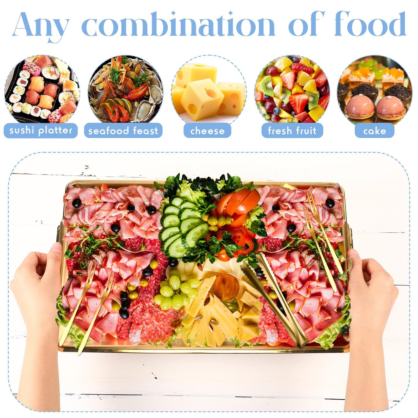 Baderke 2 Set 16 x 9.45 Chilled Serving Tray for Parties with Compartments Ice Chilled Party Platter Charcuterie Serving Board with Forks Tongs for Fruit Seafood Vegetable Appetizer (Gold)