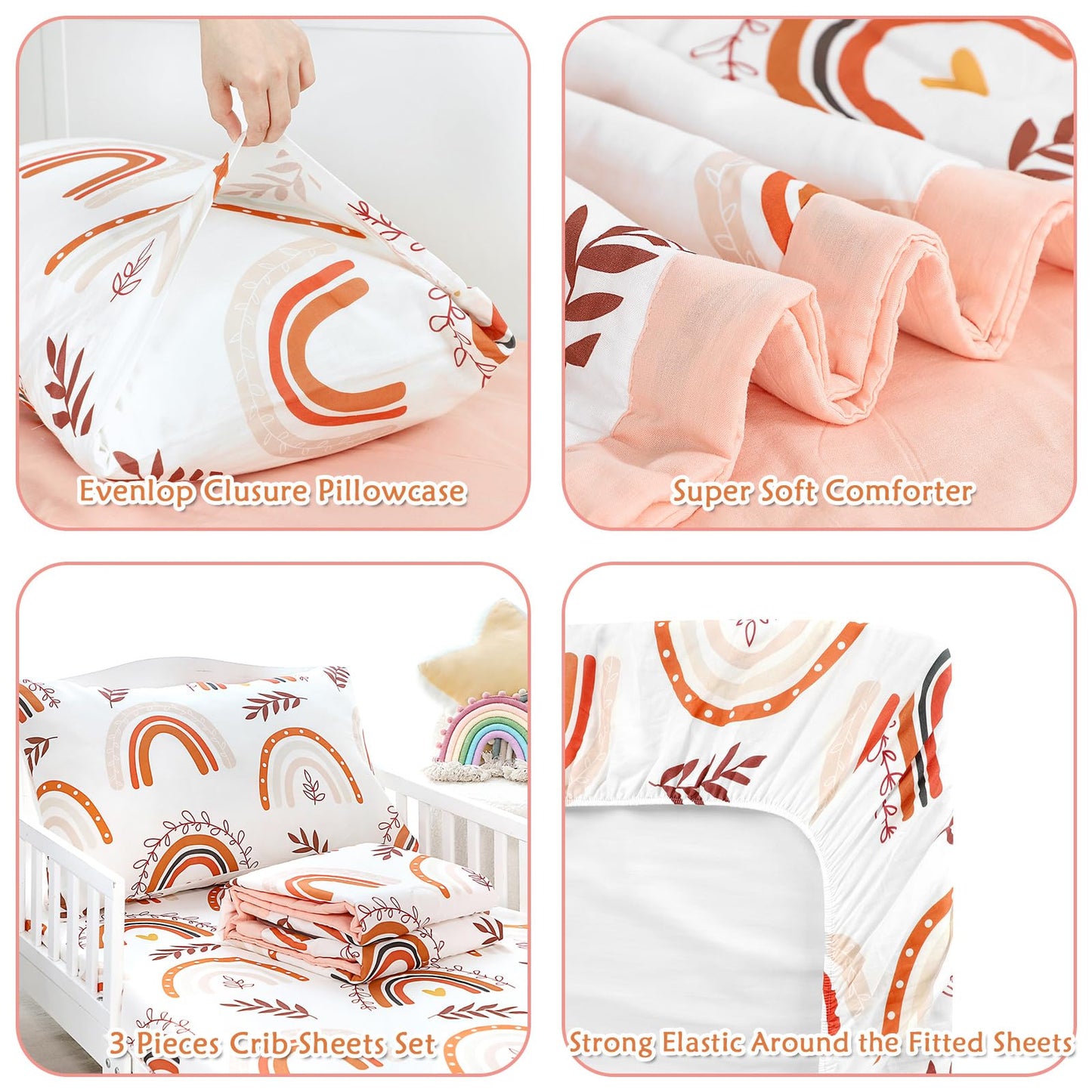 Pea Pod Muslin Toddler Bedding Set Rainbow 3-Piece - Soft Breathable Crib Bedding with Fitted Sheet, Quilt & Pillowcase for Infant & Kids Bed | Machine Washable Nursery Bed Set