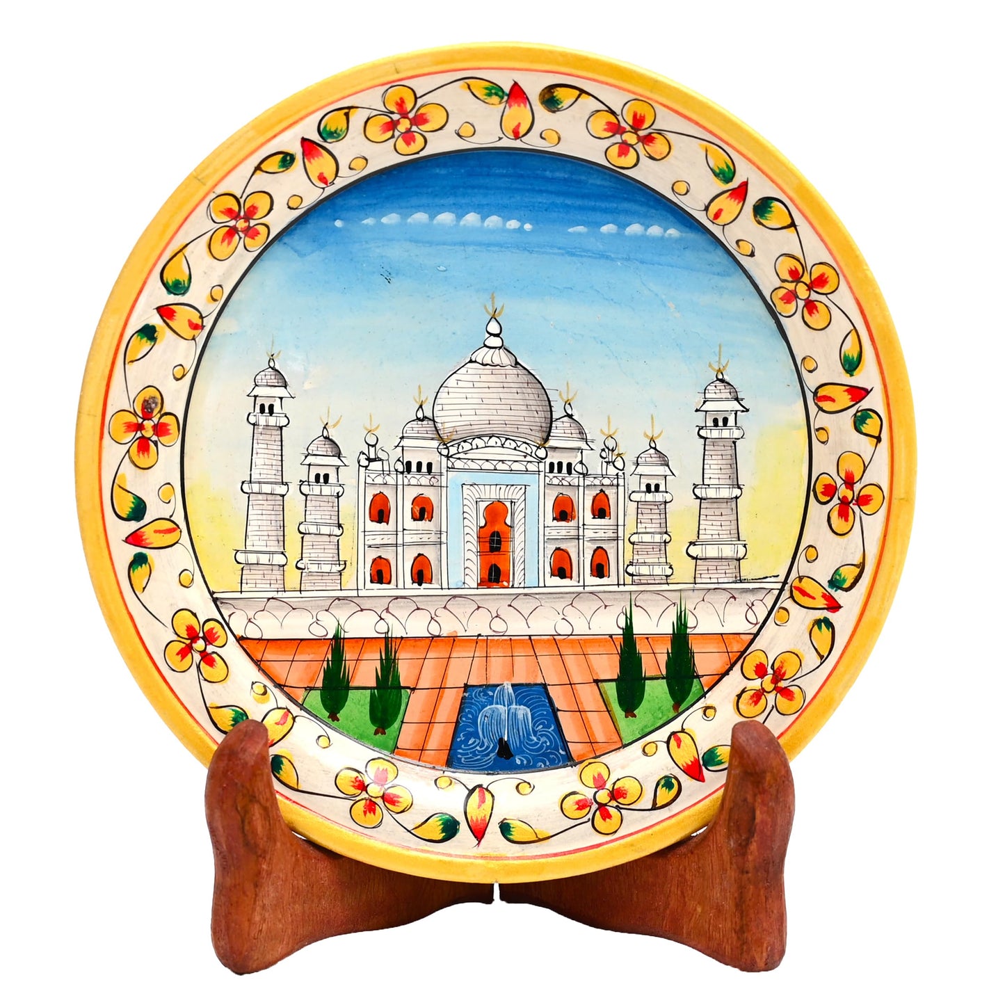 Tarini Gallery Marble Decorative Plate Traditional Indian Handpainted Round Shape Showpiece Pottery Plate with Stand for Decoration Home Office Décor and Gifting (Taj Mahal)