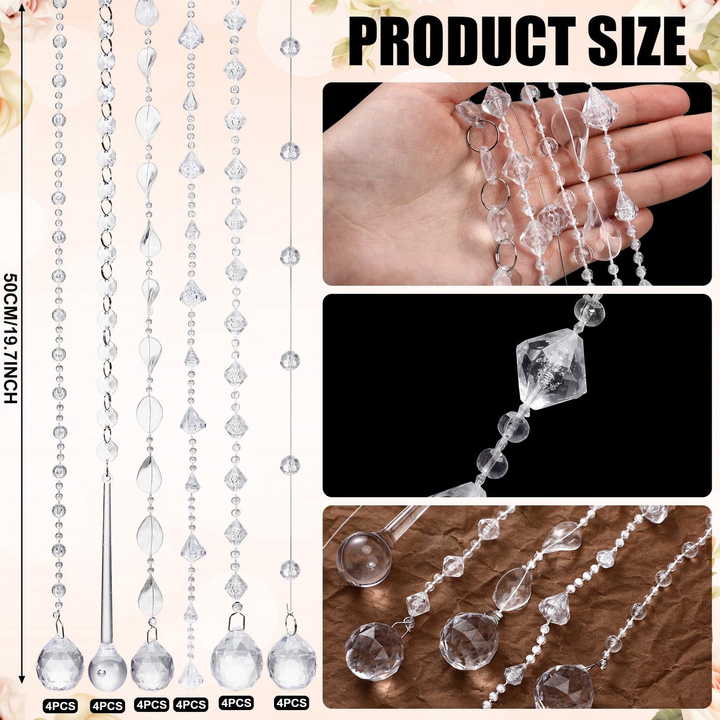 Soulchen 24 Pcs 20 Inch Clear Acrylic Crystal Garland Strands Large Hanging Chandelier Bead Chain String Wedding Icicle Drop Ornaments for Wedding Party Decor