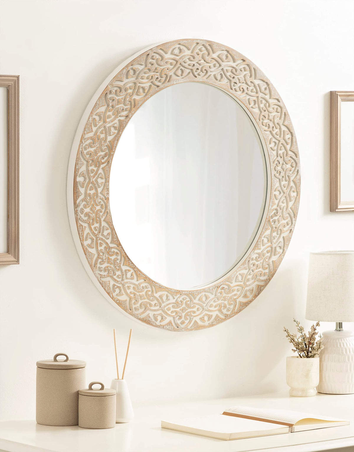 Kate and Laurel Engrahm Rustic Engraved Wooden Round Mirror, 26 Inch Diameter, Rustic Brown and White, Modern Farmhouse Distressed Circle Mirror for Use as Bathroom Mirror for Over Sink