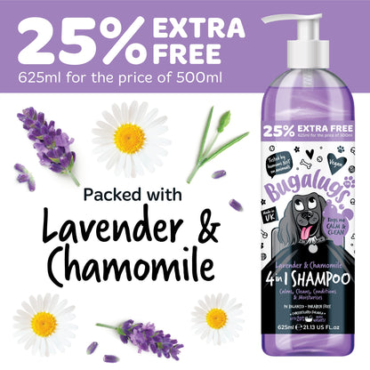 Dog Shampoo by Bugalugs lavender & chamomile 4 in 1 dog grooming shampoo products for smelly dogs, best puppy shampoo, professional groom Vegan pet shampoo & conditioner (625ml)