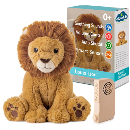 Cloud b Louis Lion - Award-Winning Plush Soothing White Noise Machine Baby Sleep Aid | Soft, Cuddly Comfort | Smart Sensor & Auto Shut-Off
