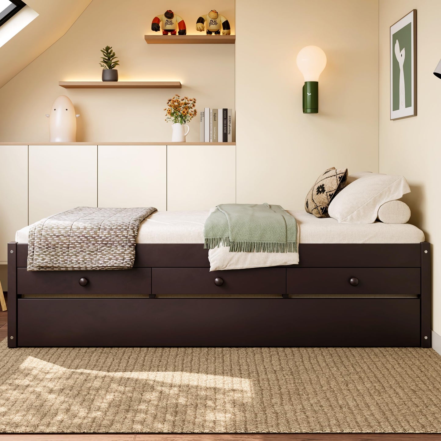 Twin Platform Bed with Trundle and Storage Drawers, Solid Wood Daybed with Power Outlets and Full-upgraded Slats, Twin Bed Frame for Bedroom, Guests, Living Room, No Box Spring Needed, Espresso