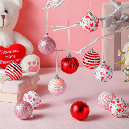 Riceshoot 12 Pcs Valentines Day Ball Ornaments 2.36 Inch Red Pink White Hanging Decor Heart Balls Ornaments for Tree Valentine's Day Party Supplies Decorations