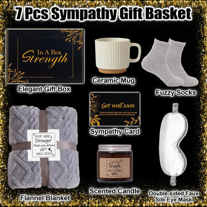 Get Well Soon Gifts for Men Care Package with Blanket, Socks, Eye Mask, Mug, Scented Candle, After Surgery, Sympathy Gift Baskets for Sick Him Brother Relatives Friends (Black)
