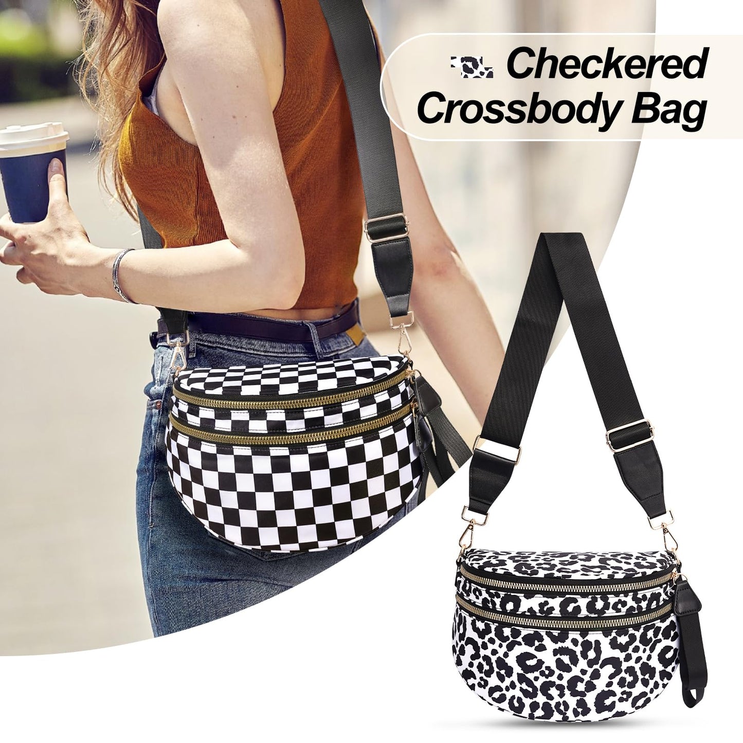 Checkered Crossbody Bag,Nylon Bum Bags for Women Crossbody,Spacious Sling Bag Purse Fanny Packs with Shoulder Strap