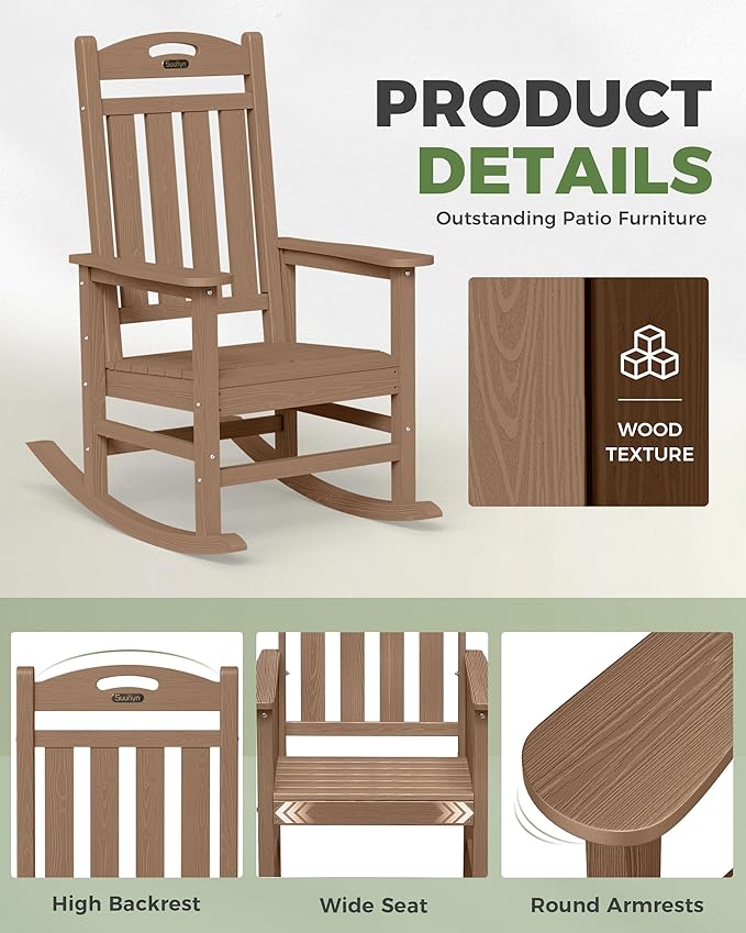 Oversized Rocking Chairs Outdoor Set of 2, High Back Porch Rocking Chair, HDPE All Weather Resistant Patio Chairs, 380lbs Weight Capacity, Teak