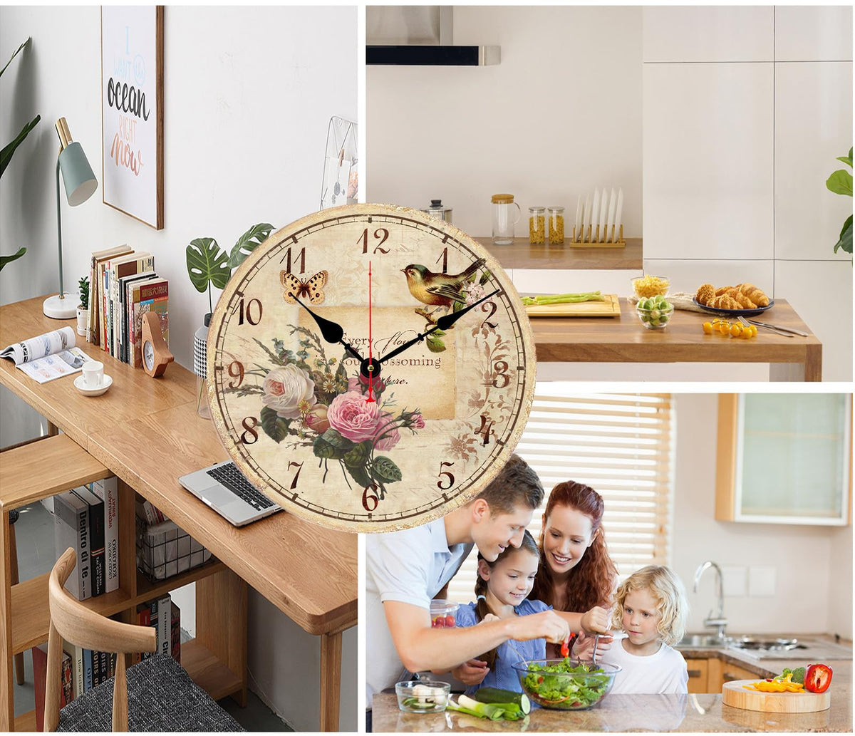 12 Inch Silent Wall Clock Battery Operated Vintage Wooden Round Non-Ticking