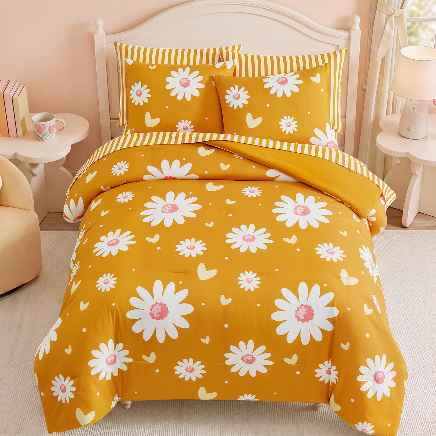 AMBERSPACE Twin XL Comforter Set for Girls, Mustard Yellow Daisy Bedding Set with Cute Heart, All Season Kids Bed in a Bag Dorm 5 Pieces with Sheets, Pillowcase & Sham
