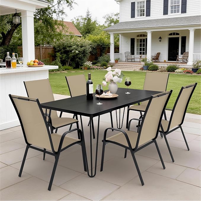 JEAREY Patio Dining Chairs Set of 6, Outdoor Stackable Dining Furniture Set, All Weather Dining Set for Lawn, Garden, Backyard, Poolside, Beige